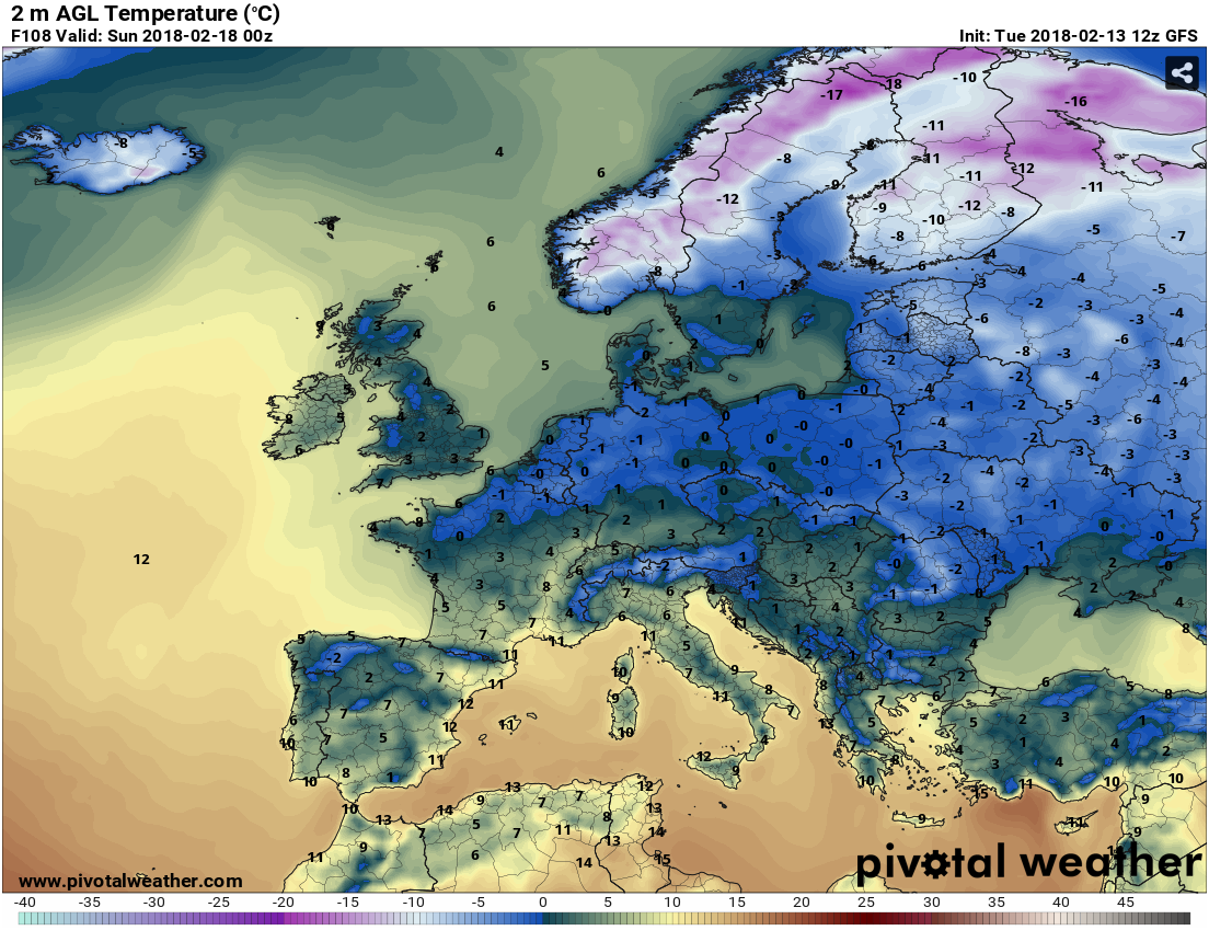 Očakávané maximálne teploty na nedeľu 18.2.2018. Väčšina Európy sa udrží v chladnejšom vzduchu.